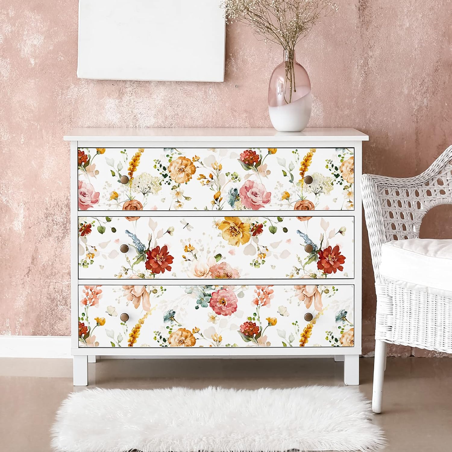 VEELIKE Floral Wallpaper for Bathroom Bedroom 17.7''x354'' Botanical Pink/Red/Yellow Floral Peel and Stick Wallpaper Removable Wallpaper Prepasted Floral Mural Contact Paper for Walls Cabinets Nursery