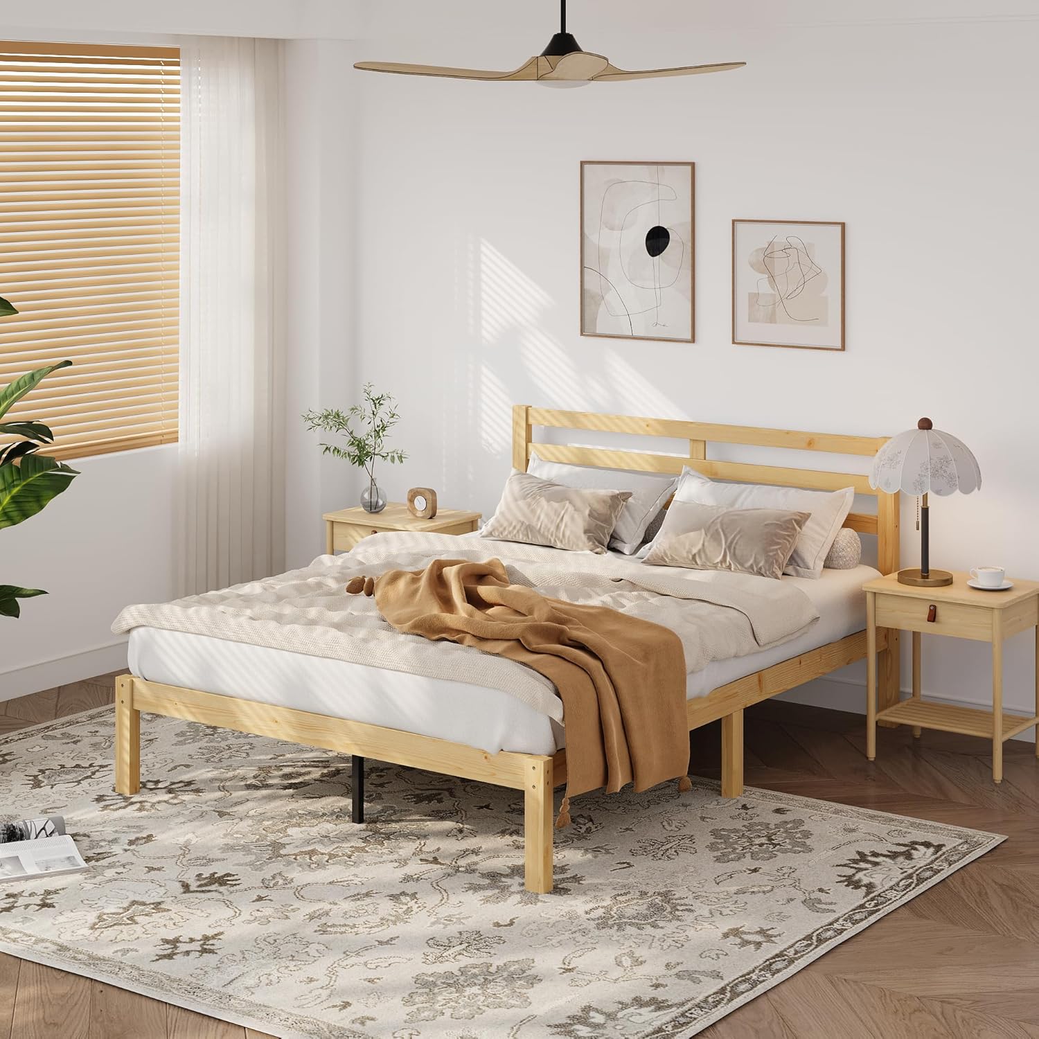 Yumori Wood Queen Bed Frames with Headboard, Solid Wood Platform Bed Frame with Wooden Slat Support, No Box Spring Needed, Easy Assembly, Natural Pine