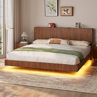 Evermagin Walnut King Floating Bed Frame with Headboard, Mid Century Mod...
