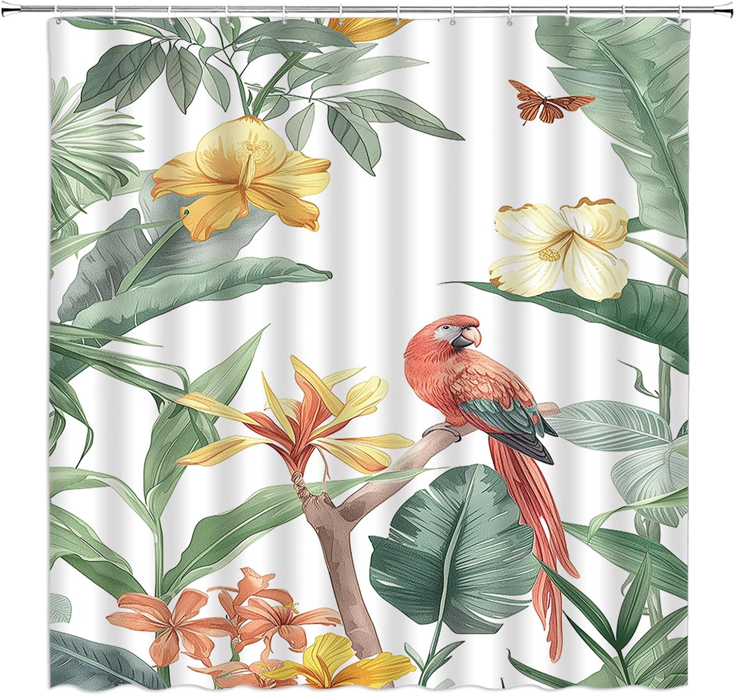 Tropical Shower Curtain Green Palm Leaves Parrot Yellow Floral Hibiscus Leaf Nature Jungle Botanical Exotic Extra Long Bathroom Decor Curtain with Hooks,70W x84 H
