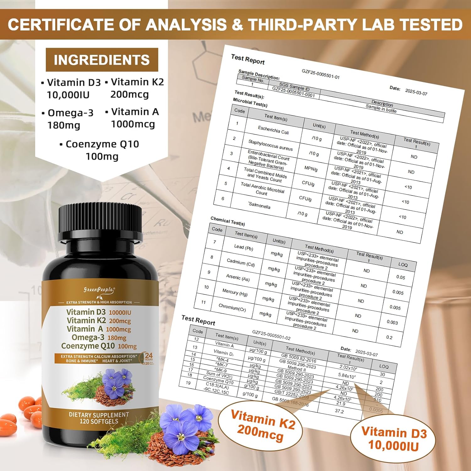 GREENPEOPLE Vitamin D3 K2 Softgel - 5-in-1 D3 K2 Vitamin 10000 iu, 200 mcg K2 MK7, VIT A, Omega-3 & CoQ10 for Ultimate Absorption - K2 D3 Vitamin Supplement Support Ca Absorption, Heart & Bone- 120 CT thumbnail