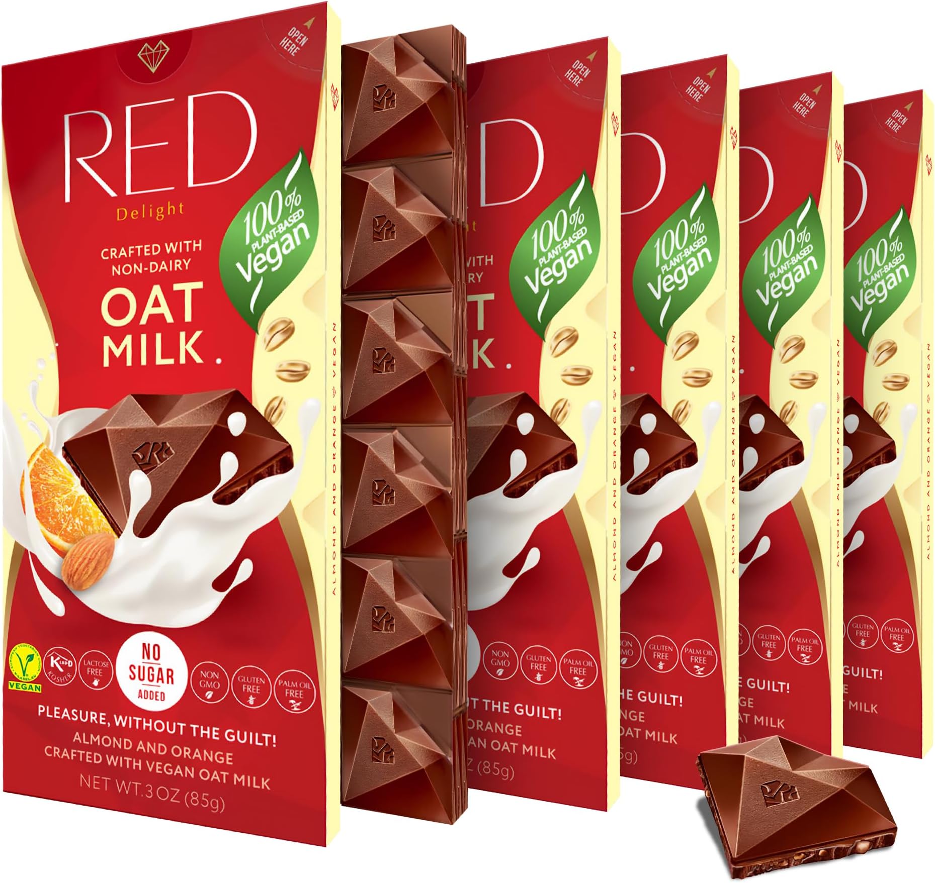 Red Delight Vegan Oat Milk Chocolate - 3 oz, Pack of 6 Full Size Almond and Orange Chocolate Bars - European-Made Vegan Chocolates