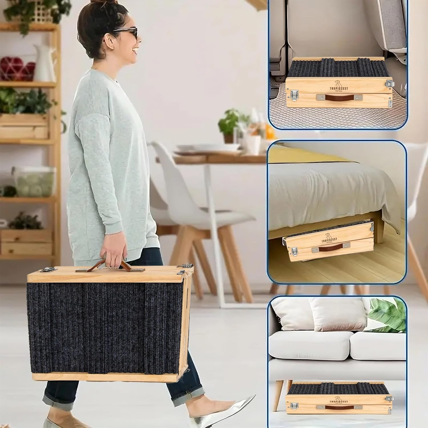 Dog Ramp for Bed and Couch - Wooden Adjustable Pet Stairs with 4-6 Height Settings for Dogs, Cats, Puppies, Pets and Indoor Outdoor Use