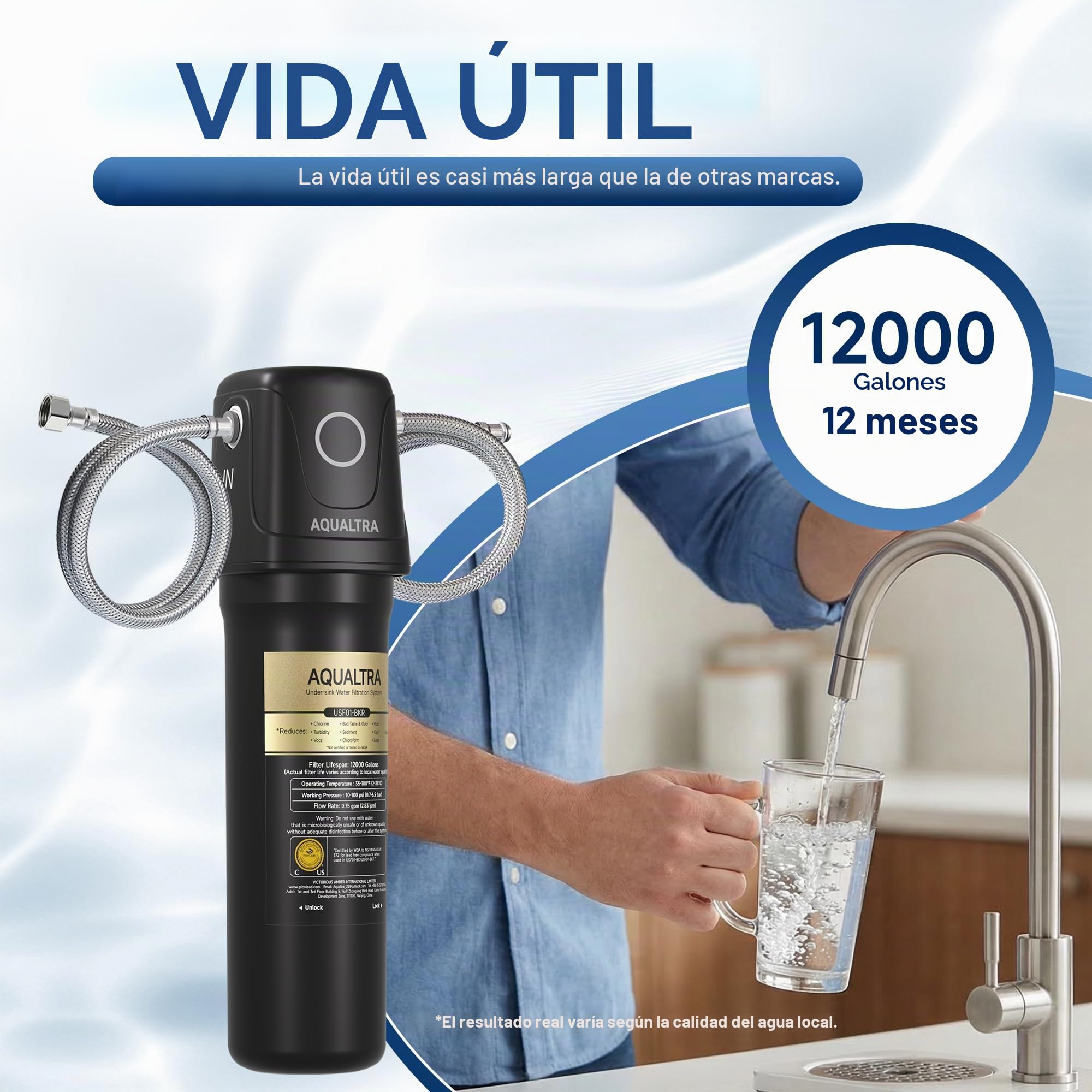 AQUALTRA USF01-BK Sistema bajo fregadero, 45400L, certificado NSF/ANSI/CAN372, reduce PFOA, PFOS, cloro, plomo, mercurio, cloramina, fluoruro, microplásticos, mal sabor & olor