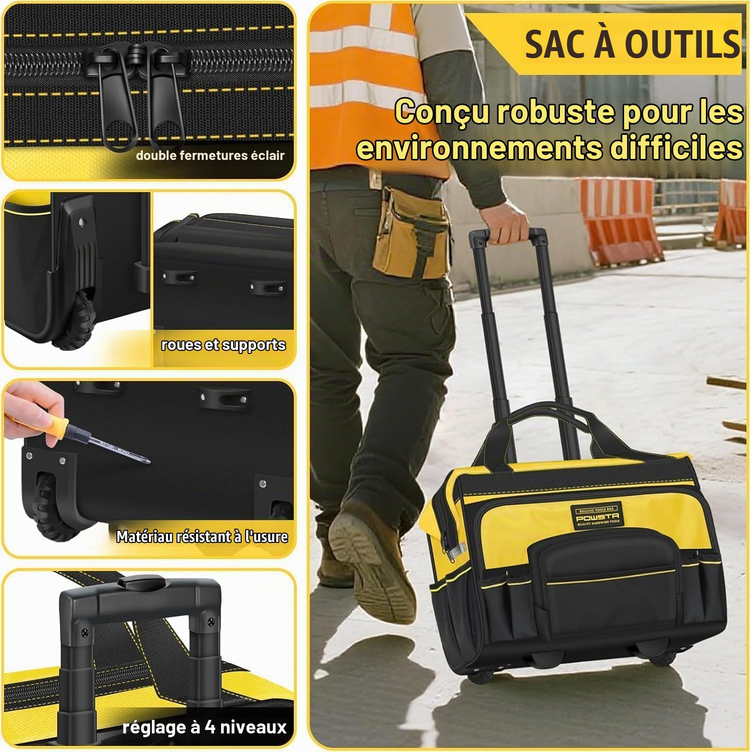 Sac à Outils à Roulettes De 50,8cm Avec Poignée Télescopique Réglable, Base Stable et 15 Poches – Idéal Pour la Construction, la Mécanique, le Travail du Bois, l'entretien et Plus Encore