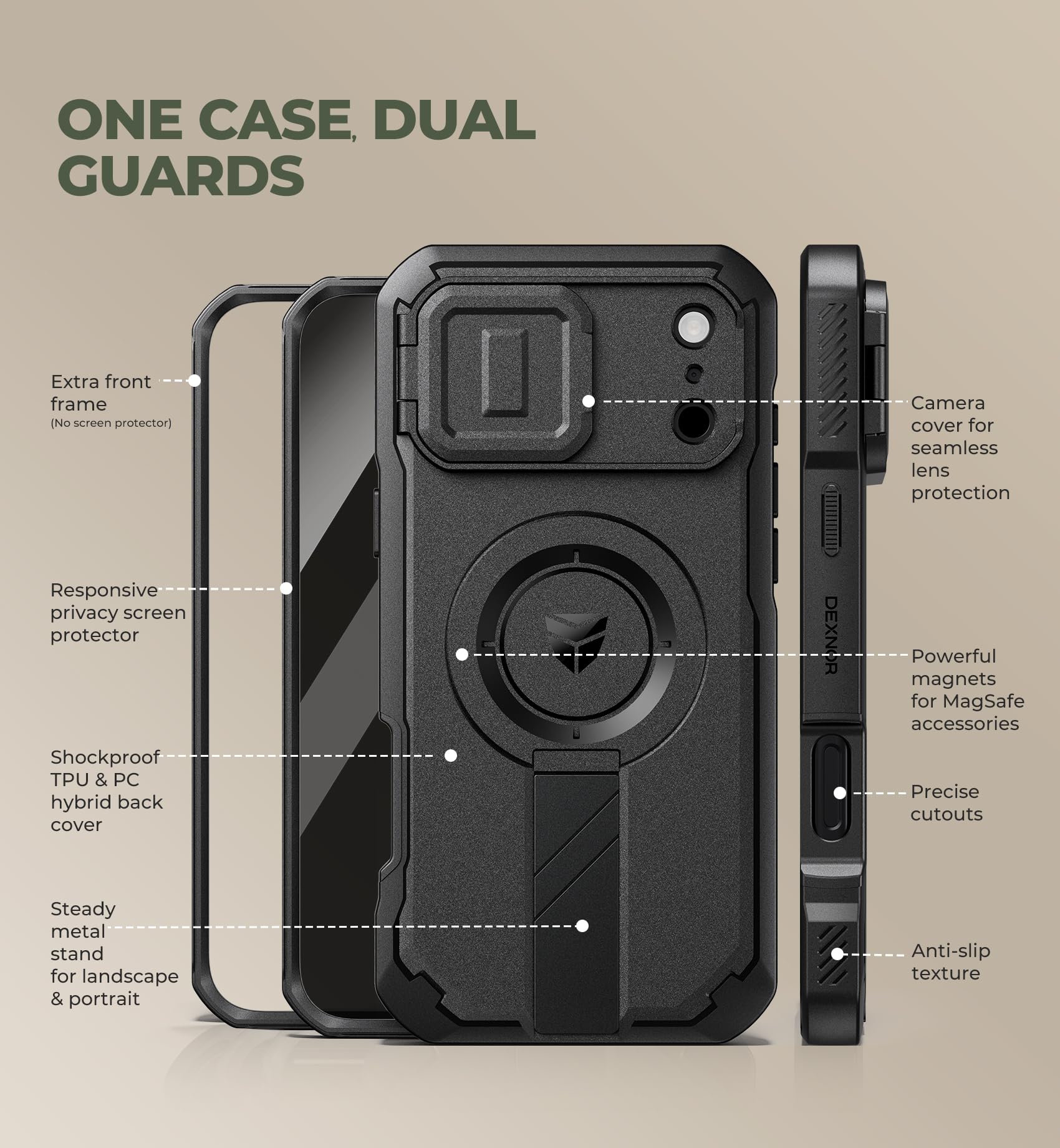 Dexnor Etui do iPhone 18 Pro Max/17 Pro Max z przesuwaną osłoną aparatu i składany składany ochraniacz ekranu, ochrona prywatności, wytrzymały pokrowiec ochronny przed prywatnością, czarny