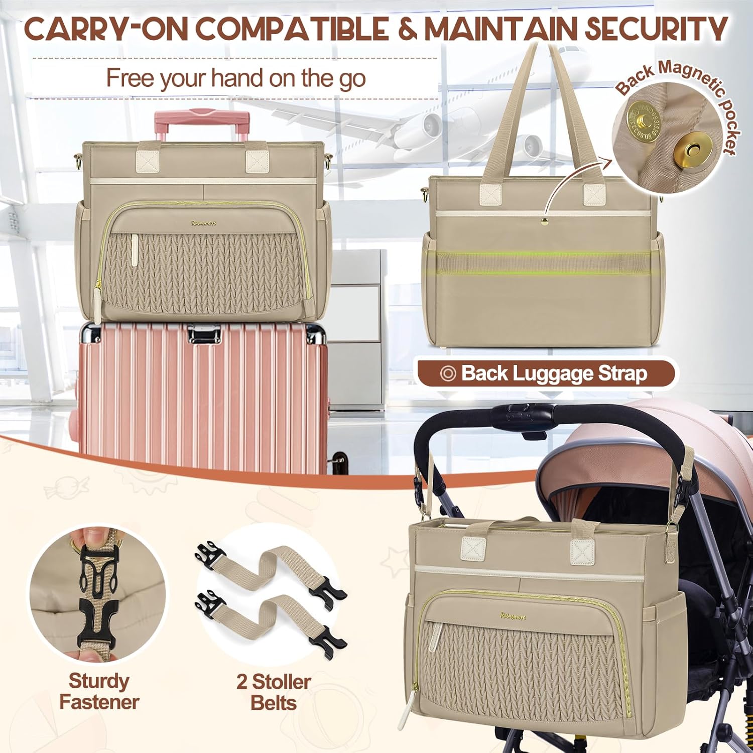 RAINSMORE Diaper Bag Tote, Large Diaper Baby Bag Waterproof Multifunctional Diaper Bag with Pacifier Case & Changing Pad - Image 5