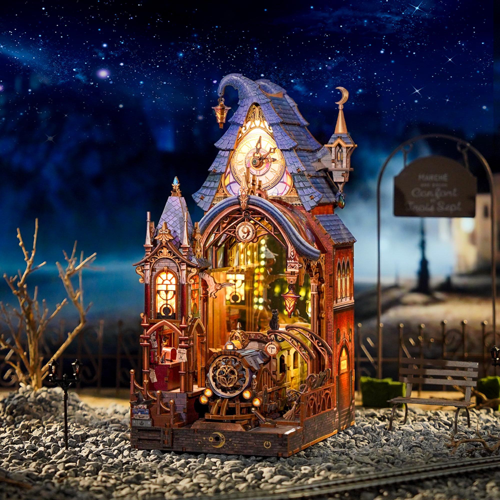 Tonecheer Puzzle 3D LED Book Nook Miniatura mágica interactiva con Espacio de expansión Infinito, Inserto DIY para estantería, decoración y Regalo Creativo (Estación Mágica)