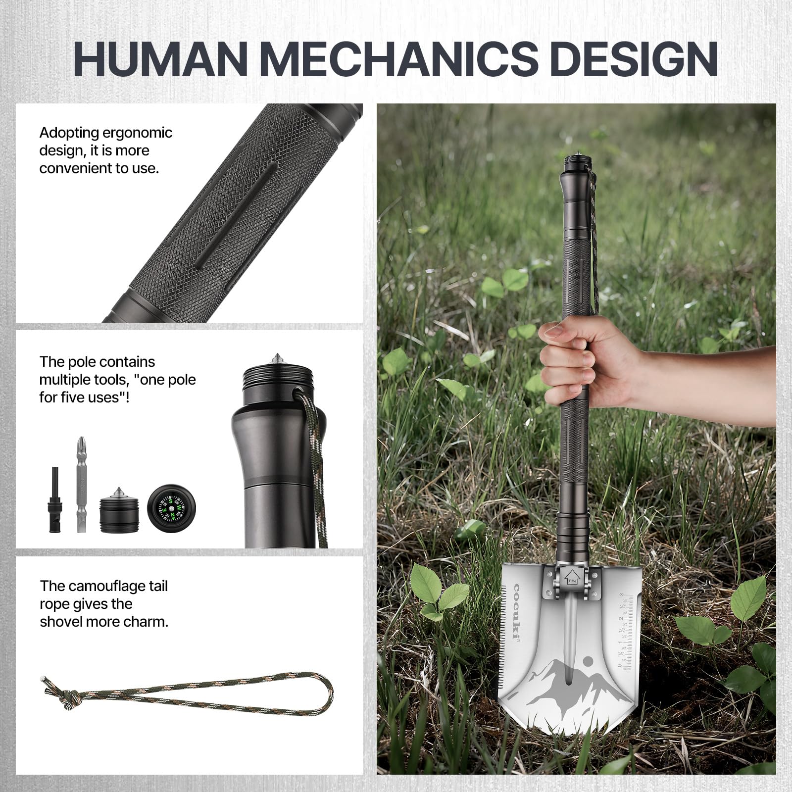Klappschaufel, 20-in-1 Mehrzweckschaufel Set, # 2.0 Campingschaufel-Werkzeug mit Titanbeschichtung Mini kleine Gärtnerspaten, Für Outdoor Camping, Gartenbau, Überleben, Wandern und Notfälle