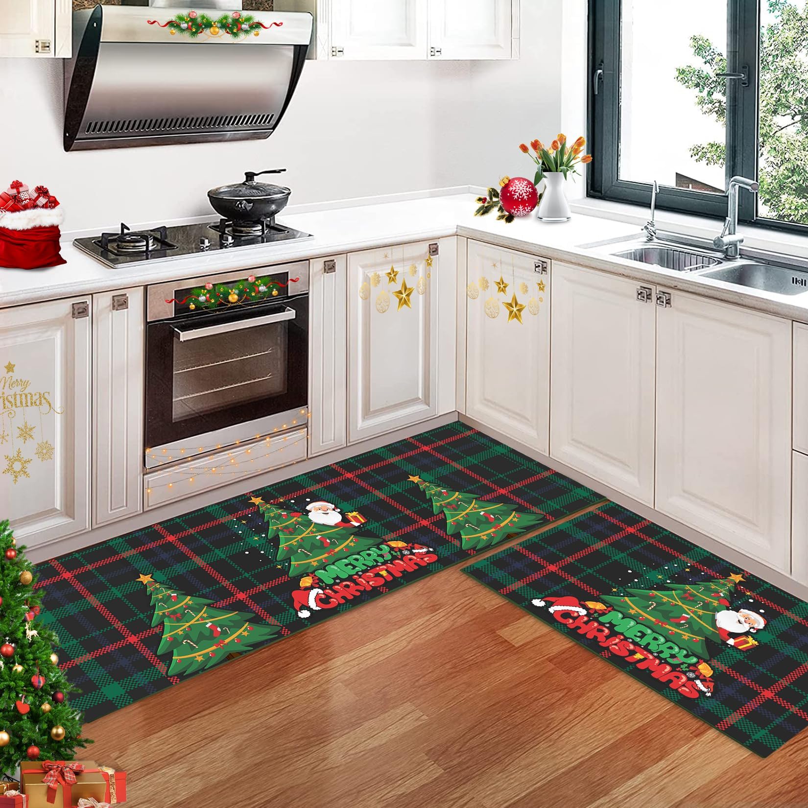Garvee Set 2 Tappeti Cucina Natalizi con Alberi di Natale e Fiocchi di Neve, Antiscivolo, Lavabili, Decorazione Invernale, 40 x 60 + 40 x 120 cm
