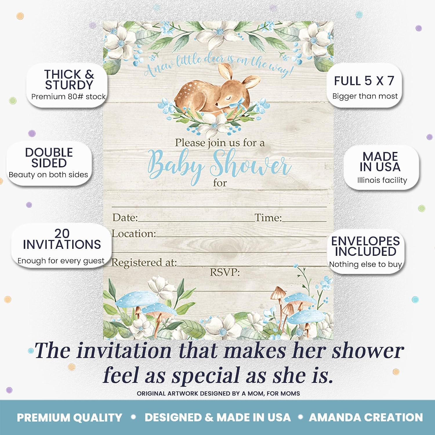 Little Deer Woodland Watercolor Floral Baby Shower Invitations for Boys, 20 5x7 Fill In Cards with Twenty White Envelopes by AmandaCreation