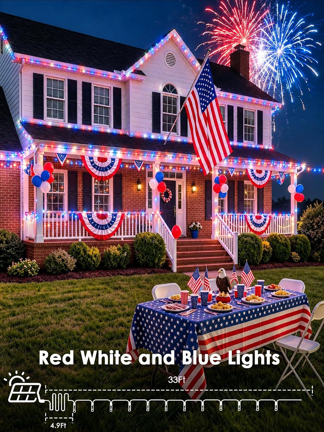 4th of July Decorations Outdoor, 4pk Red White and Blue Solar String Lights, 8 Modes 400LED 132FT Solar Fairy Twinkle Lights Waterproof for Independence Day Garden Tree 250 Anniversary USA Decoration