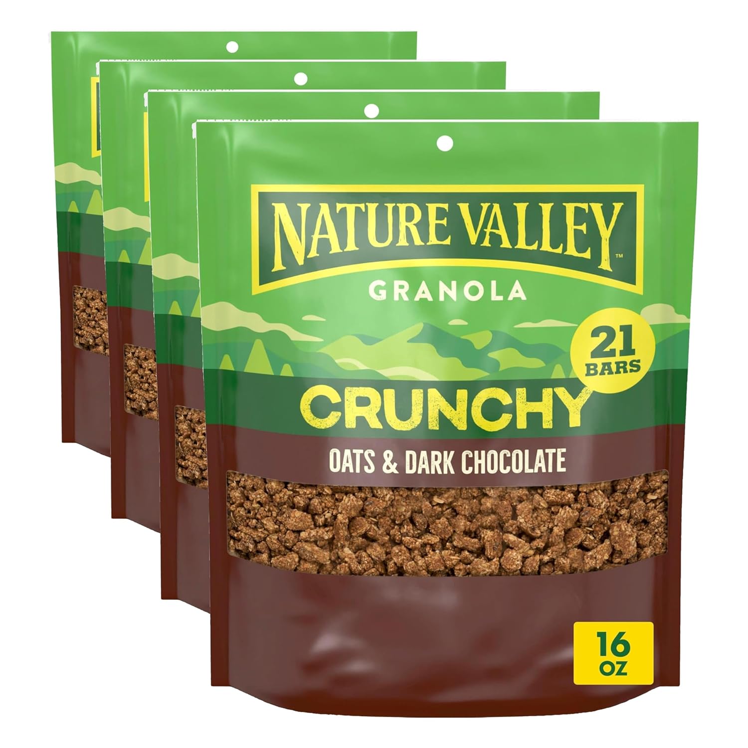 Nature Valley Crunchy Granola, Oats and Dark Chocolate Granola, Resealable Snack Pouch, 16 oz, (Pack of 4)