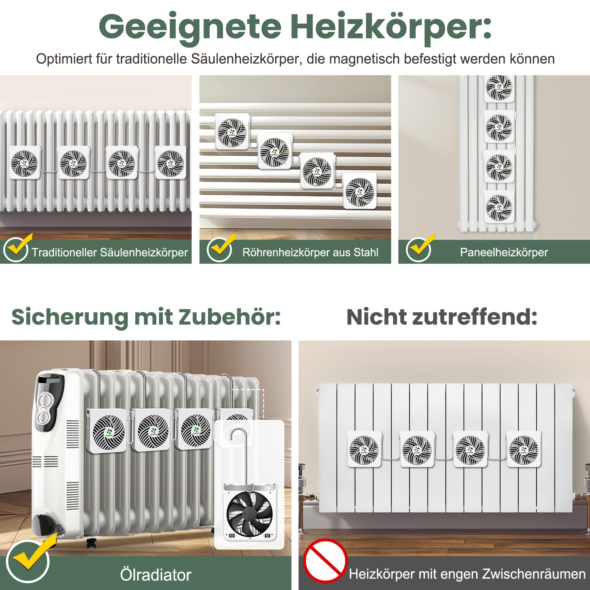 Ventilatore per radiatore con 5 magneti per radiatori in ghisa, 4 ventilatori magnetici con termostato intelligente, ventilatore per radiatori aumenta l'efficienza di riscaldamento e risparmia