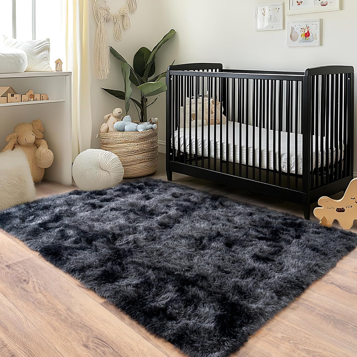 Pionblank Fluffy Area Rug for Bedroom 4x6 Feet, Indoor Plush Carpet, Shag Soft Bedside Rug, Cute Comfy Furry Rug for Living Room Dorm Girls Boys Room Nursery Decor, Dark Grey