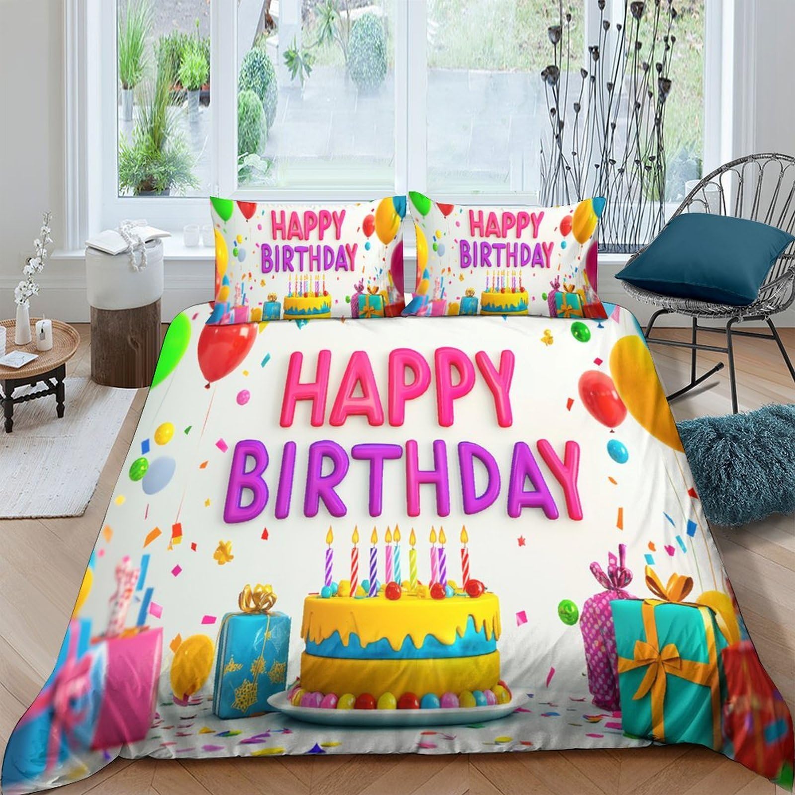 Ctjqhvkz Style-2 3D Printed Birthday Cake Fitted Sheet Microfiber Soft Colourful Balloons Gift Box Bed Sheet For Bedroom Guest Room Single（135X200cm）
