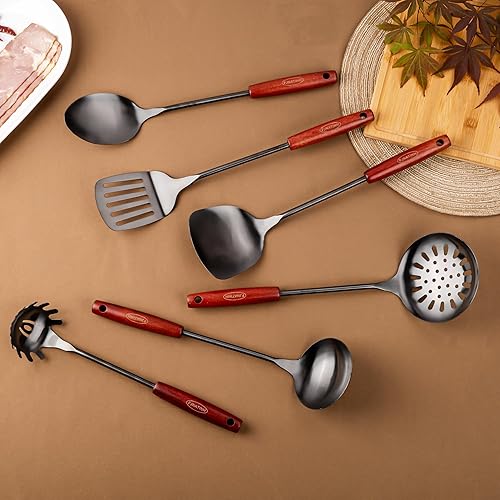 Miniatura 6 de FJNATINH Juego de espátula y cucharón para wok de 17 pulgadas, cuchara espumadora, espátula ranurada, juego de utensilios de cocina de acero