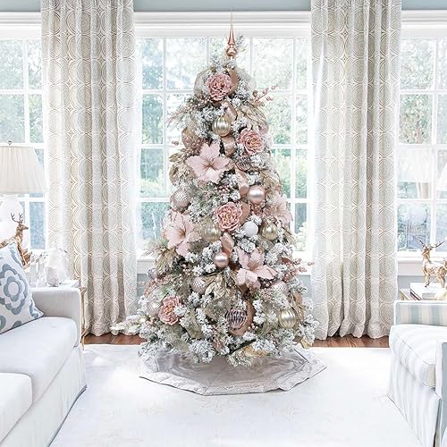 Miniatura 3 de WBHome Árbol de Navidad artificial preiluminado de 5 pies con 200 luces LED y adornos enchufables, decoraciones de Navidad temáticas de oro rosa