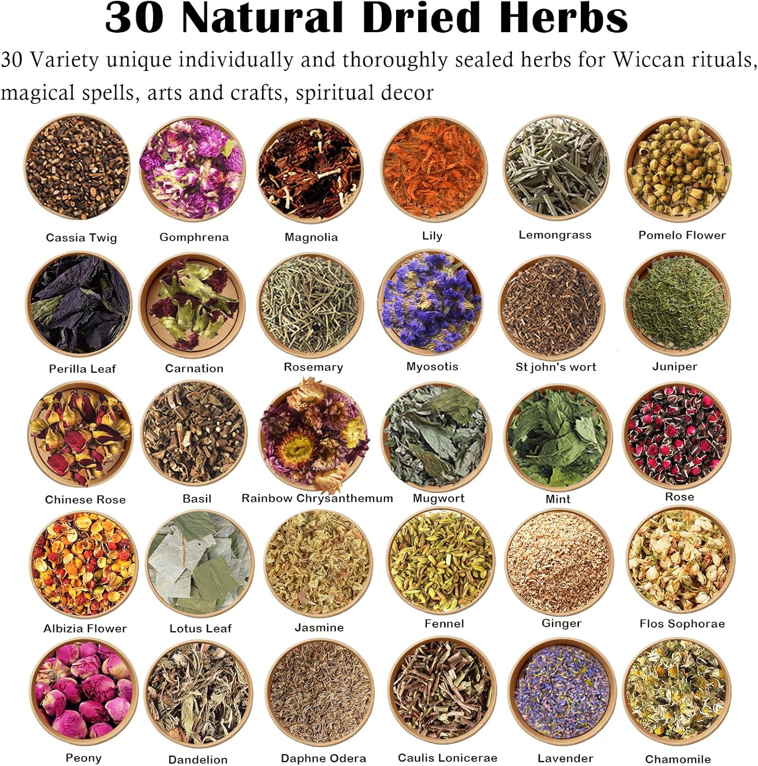 30 Jars Witchcraft Supplies Herbs & Flowers Kit with Crystal Spoon, Spell Parchments, Book of Herbs, and Feather – Natural Dried Herbal Set for Wicca, Altar Decor, Rituals, Spellcasting, and Beginners
