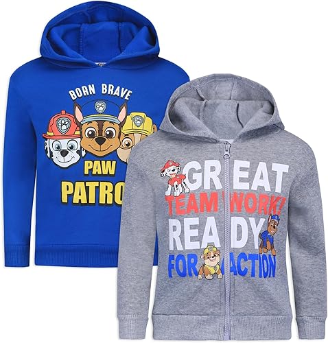 Paw Patrol Nickelodeon Marshall, Rubble, and Chase Boys' 2 Pack Hoodie for Toddler and Little Kids BlueWhite