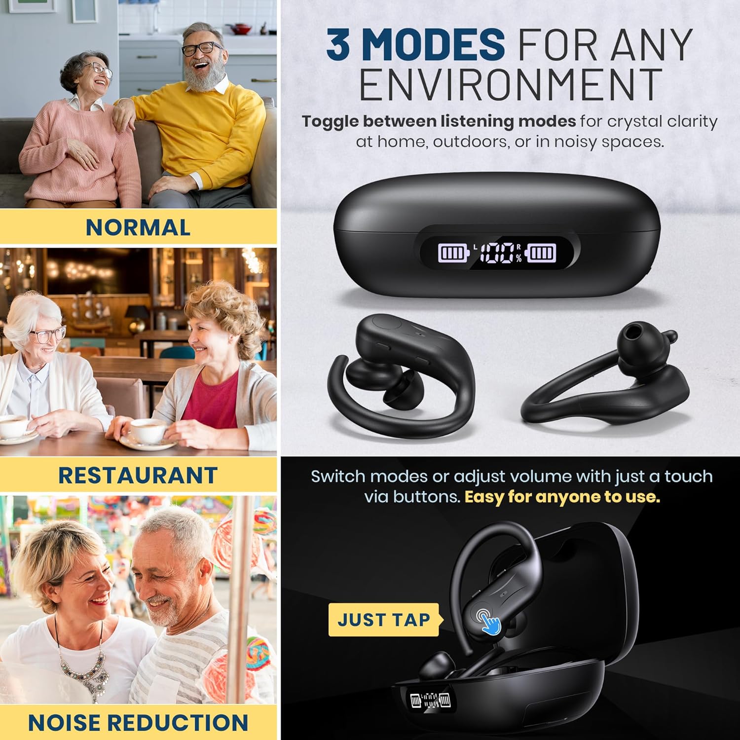 Rechargeable Bluetooth Hearing Aids for Seniors - Easy-to-Use Behind the Ear Sound Amplifier with Automatic Noise Cancelling - BTE Hearing Loss Aids for Adults Men & Women w/LED Charging Case