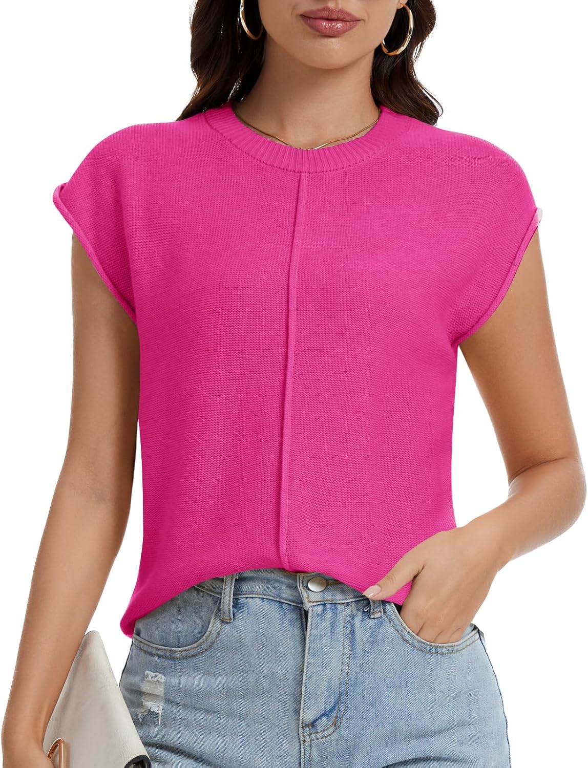 MORROWIND Womens Summer Cap Sleeve Tops Trendy Crew Neck Loose Knit Sweater Vest Spring Fall Casual Pullover Shirt Tank Top - Image 2