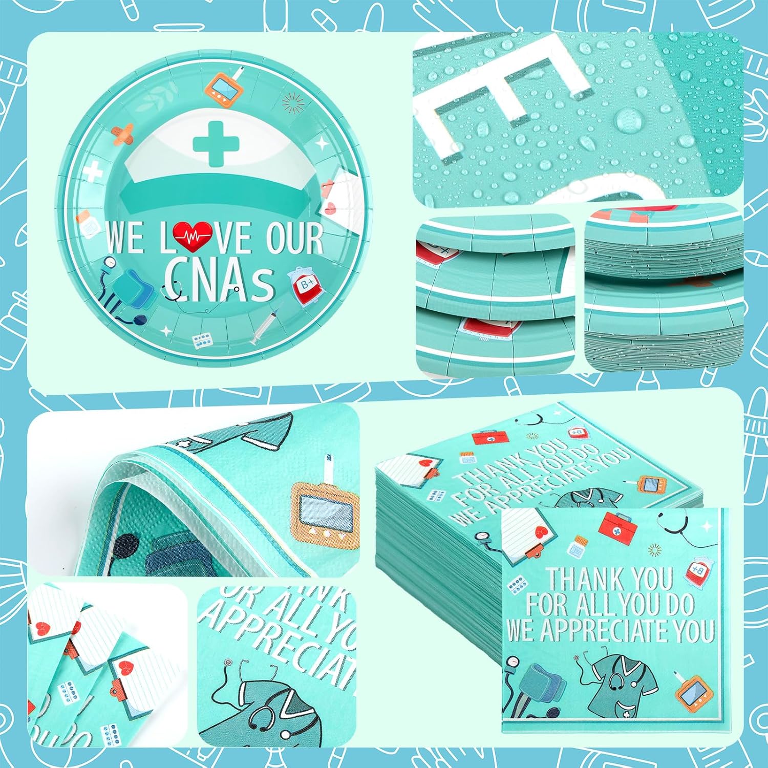 Mimorou 194 Pcs CNA Nursing Graduation Decorations Nurse Week Disposable Paper Tableware Set Happy CNA Week Party Supplies with Plates Cups Napkins for Nursing Assistant Party Supplies, Serve 24