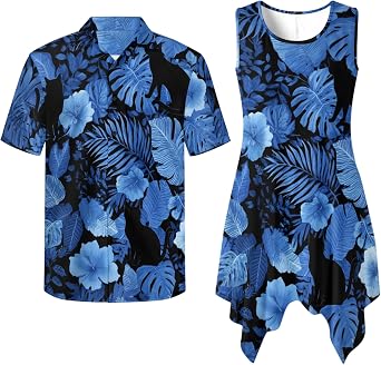 TOADDITDO Couple Clothing Set Mens Shirts Summer Dress for Women Sleeveless Tank Sundress Hawaii Aloha Shirts Vacation Outfit