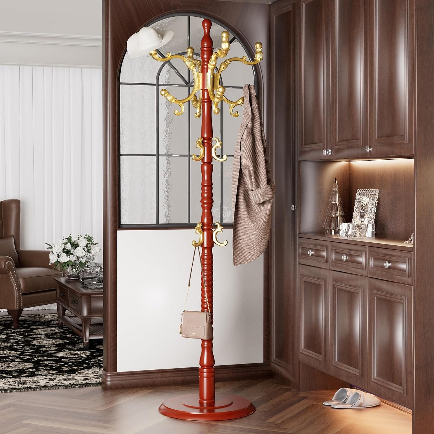 Coat Rack Tree Freestanding, Wooden Coat Rack Stand with 14 Hooks, Vintage Heavy Duty Standing Coat, Sturdy Hanger Corner Hall Tree for Bedroom, Office, Entryway (Gold hook)