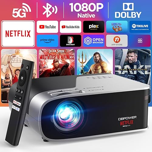 Licencia oficial de Netflix Proyector inteligente con WiFi 5G y Bluetooth, proyector DBPOWER Native 1080p Netflix, Youtube, Prime Video, Hulu,