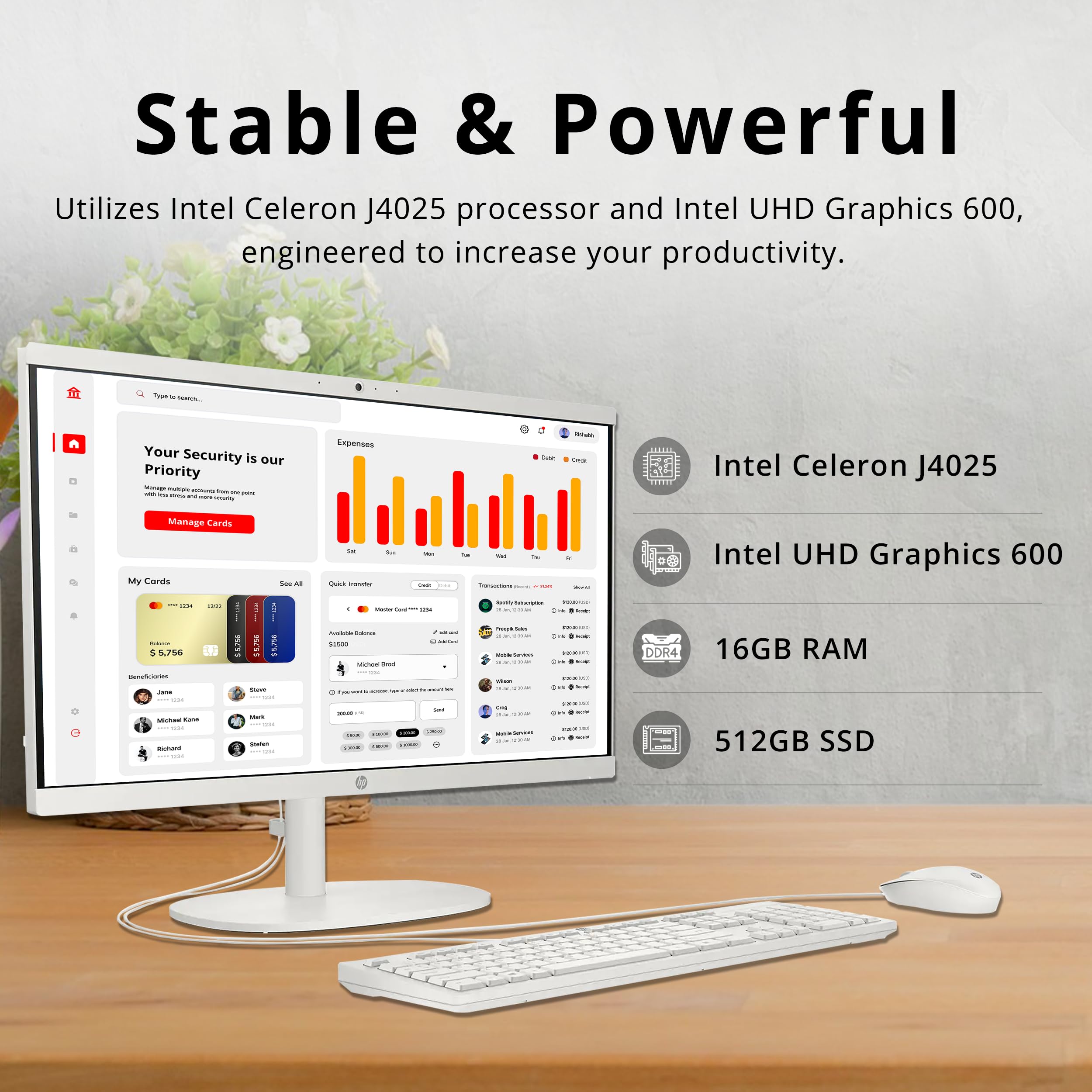 HP 21.5" FHD All-in-One Desktop, Intel Celeron J4025, 16GB RAM, 512GB SSD, WiFi 6, Wired Keyboard, Wired Mouse, Windows 11 Pro, Cashmere White (Renewed)