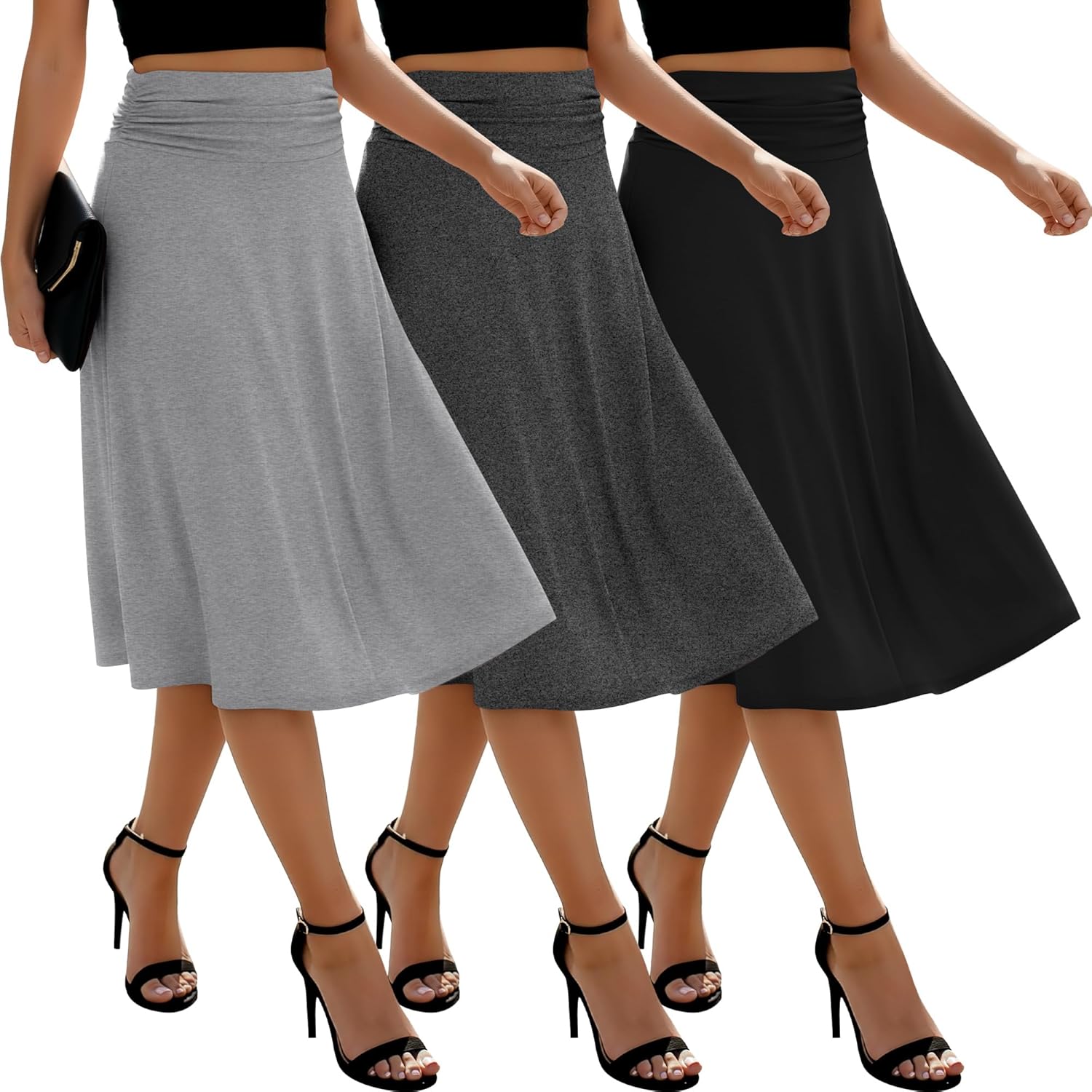 3 Pack Womens Midi Skirts Flowy Lightweight Knee Length Casual Elastic Waist Modest Flared Skirts Trendy Summer