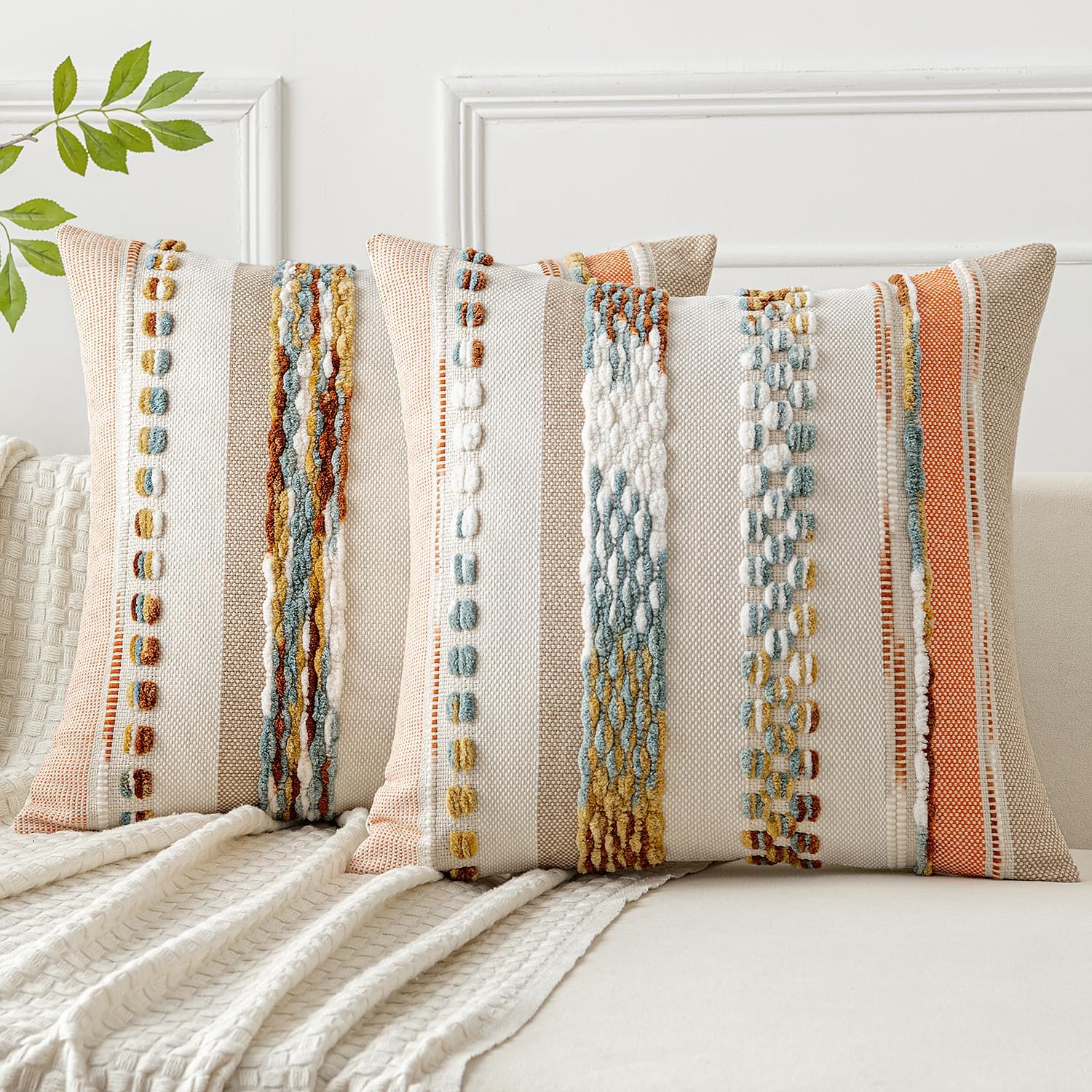 Woaboy Blue-Brown Boho Throw Pillow Covers Set of 2 18x18 Inch Decorative Cushion Cases Striped Chenille Pillow Covers Accent Pillowcase for Sofa Couch Bed