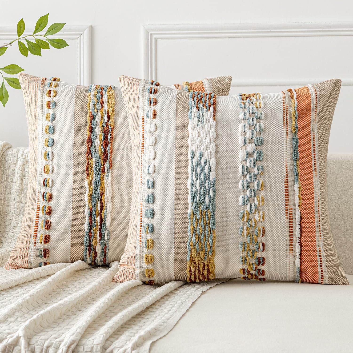 Woaboy Blue-Brown Boho Throw Pillow Covers Set of 2 18x18 Inch Decorative Cushion Cases Multicolor Striped Chenille Pillow Covers Accent Pillowcase