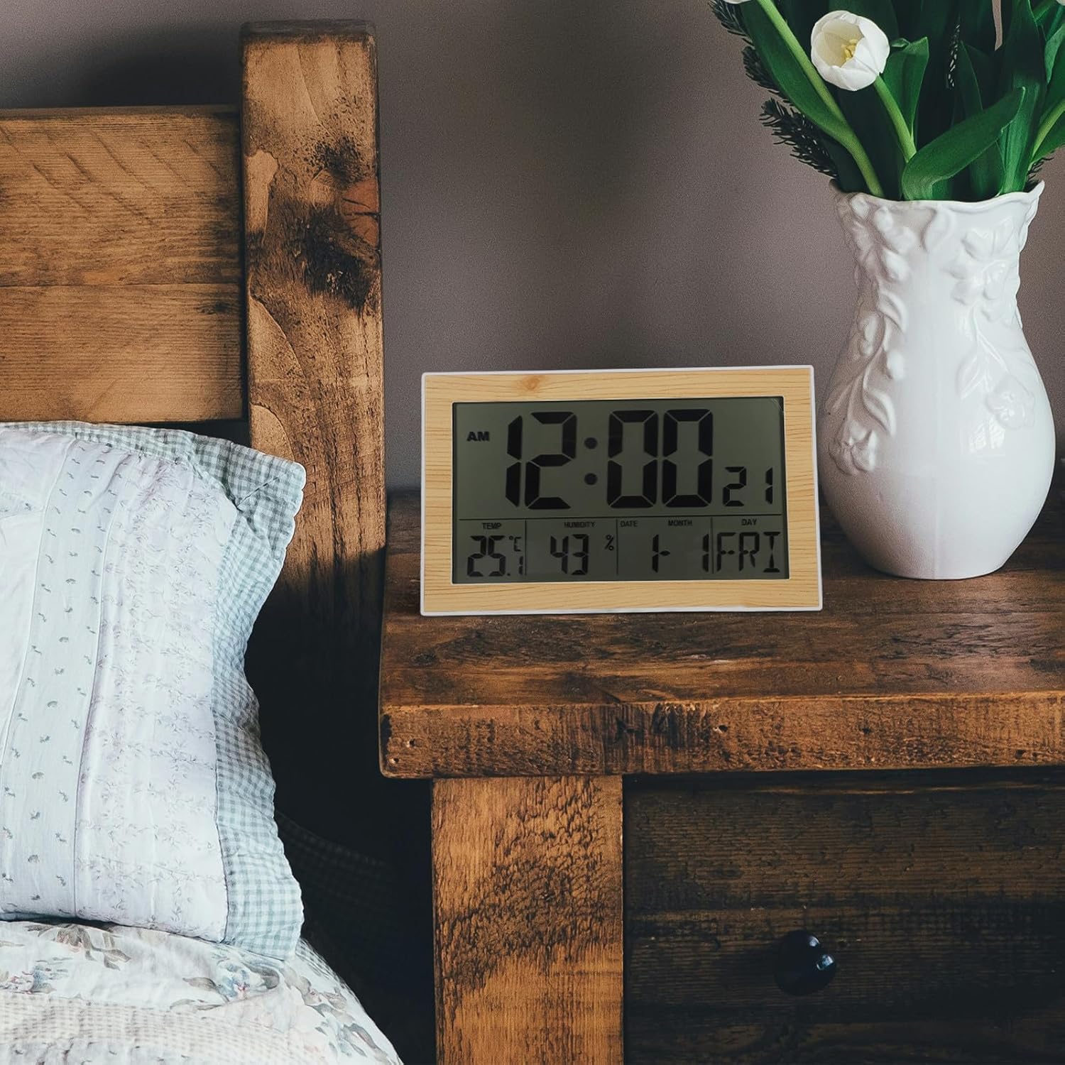 GARVALON Digital Alarm Clock with Large LED Display, Wood Grain Electronic Wall Clock Without Battery, Multi-use Indoor Thermometer and Desktop Calendar for Living Room and Office