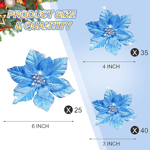 Miniatura 2 de 100 flores de Pascua artificiales de Navidad con purpurina de 3 tamaños, flores de boda de imitación, adornos para árbol de Navidad, Año Nuevo,