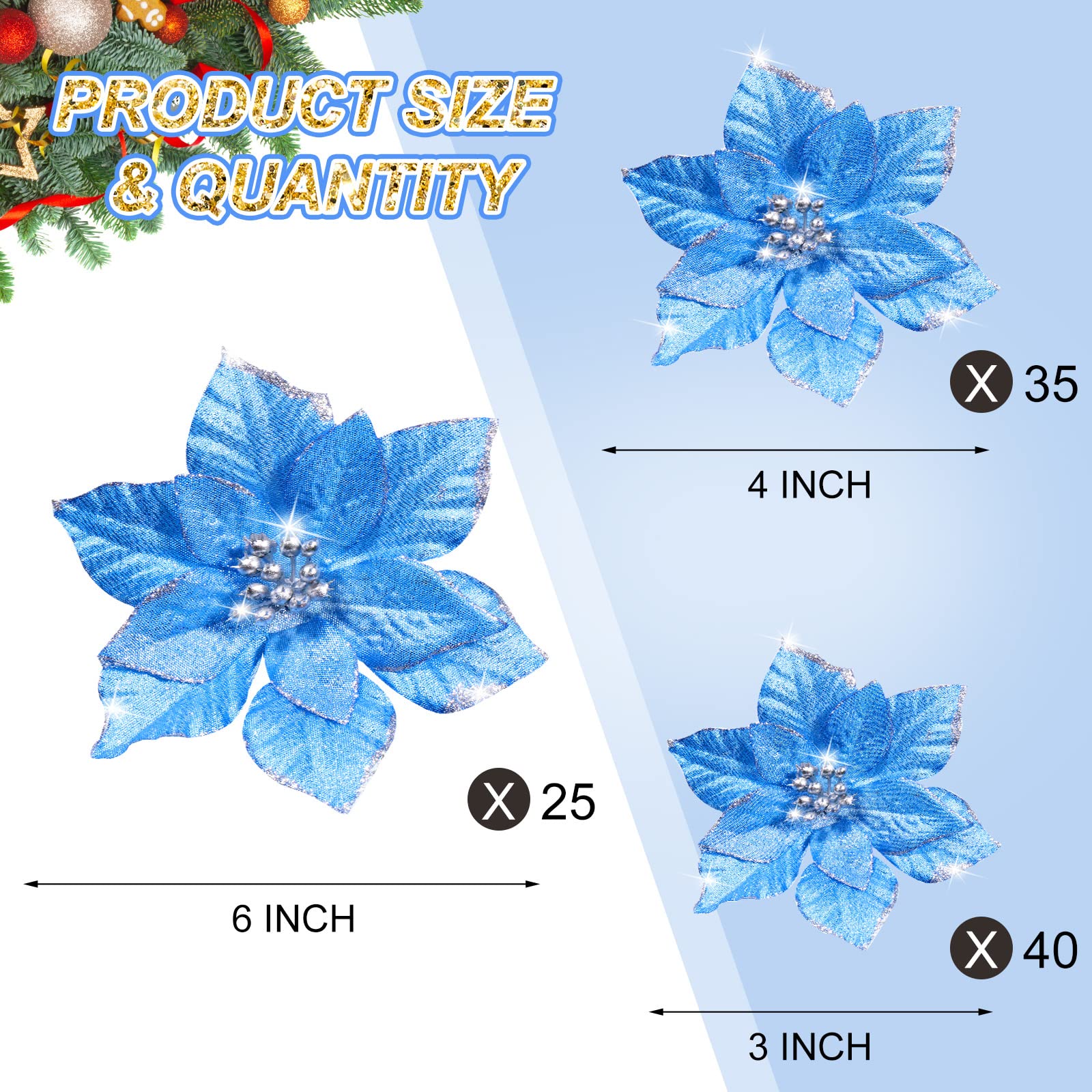 Geosar 100 Piezas Poinsettia con Purpurina Navideña de 3 Tamaños Flores de Boda Falsas Adornos de Decoración de Flores de Navidad para Decoración Año Nuevo Árbol de Navidad (Azul)