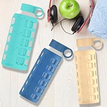 Purifyou Glass Water Bottle Bundle with Time & Volume Markings This set features three reusable glass bottles in distinct colors Aqua Blue 22oz, Chinese Porcelain 12oz, and Pearled Ivory 12oz.