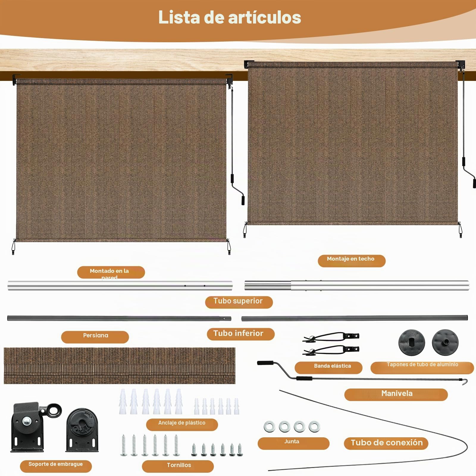 LIFERUN Toldo vertical de 180 x 180 cm, toldo vertical, HDPE para pérgola de terraza, toldo de balcón, tubo de aluminio con manivela inalámbrica, para balcón, terraza, jardín, marrón, 1 unidad