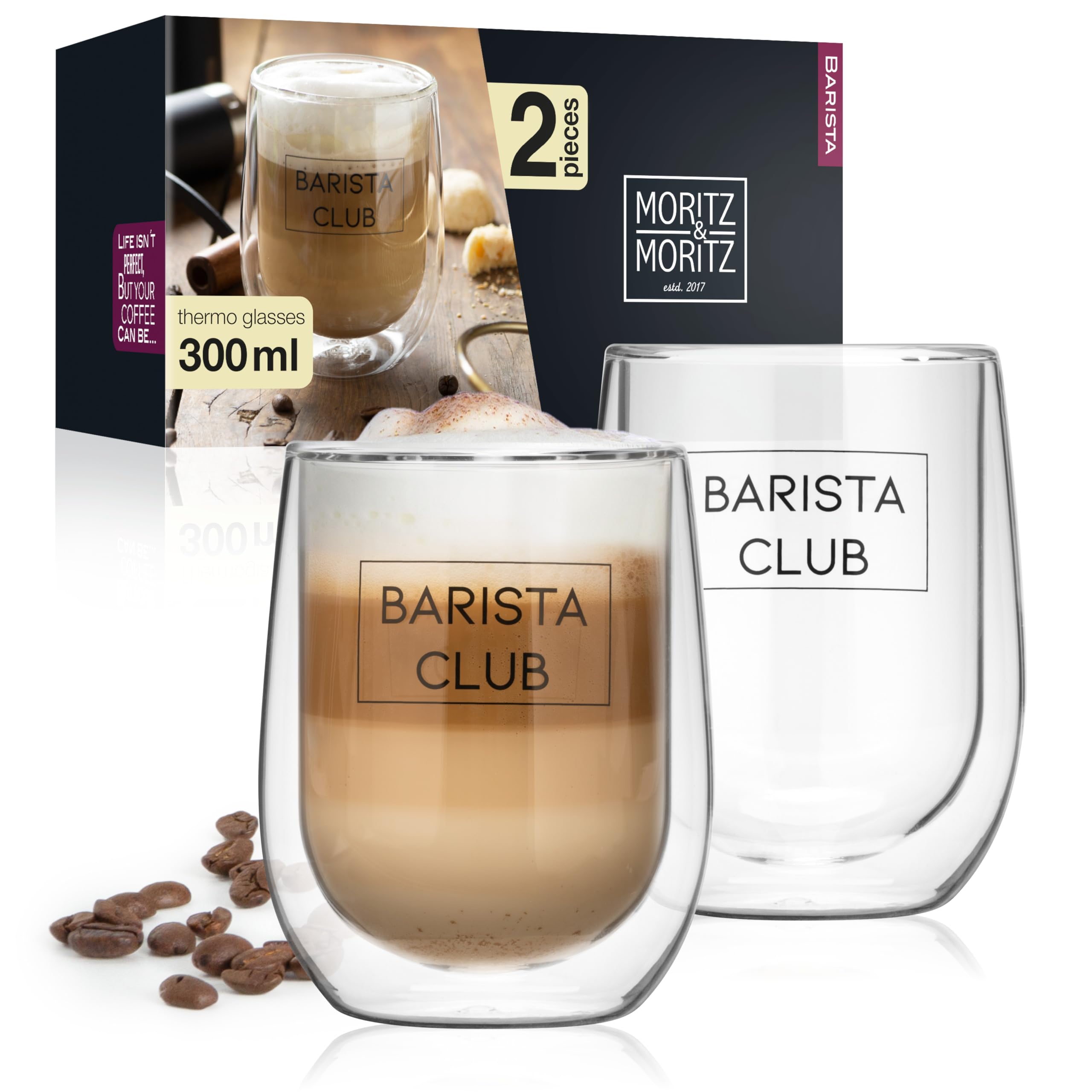 Moritz & Moritz Transparent Barista 2 X 300 Ml Double Walled Coffee Glasses - Double-Walled Glasses For Coffee, Tea Or Dessert - Dishwasher Safe