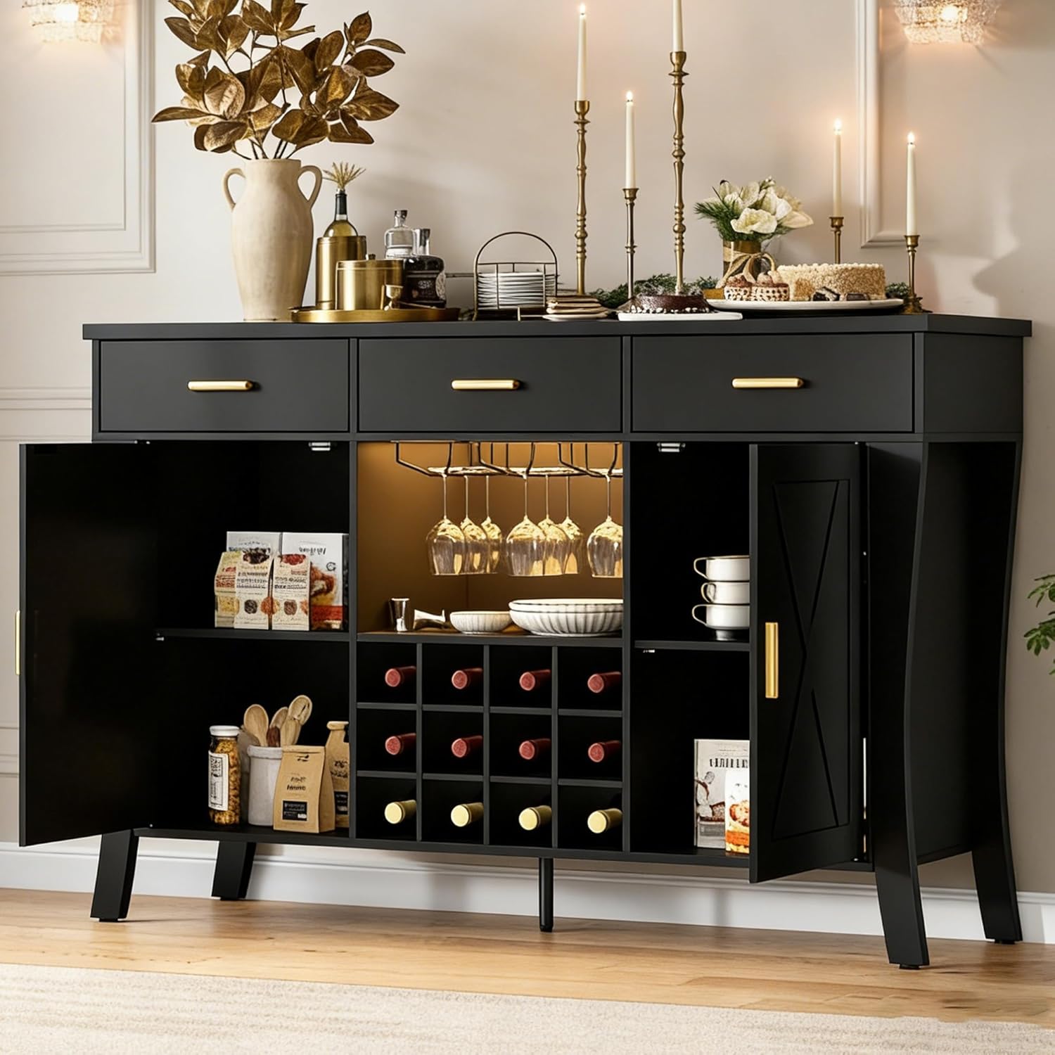Wine Bar Cabinet with Led Light - Kitchen Buffet Side Board Storage Cabinet w/ Wine and Glass Rack, Farmhouse Black Buffet Liquor Cabinet with Doors & Drawer, Home Bar Cabinet for Dining Room (Black)