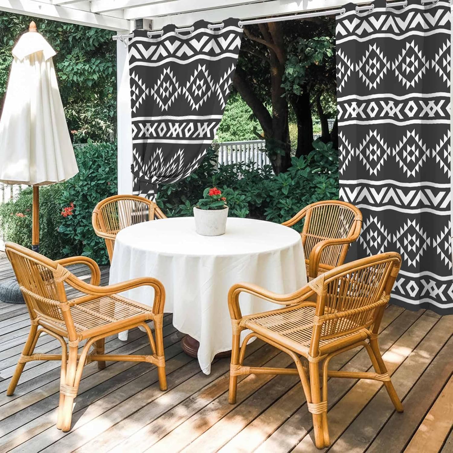 Black Boho Outdoor Curtains for Patio Waterproof, 1 Panel 54x84inch Grommet Privacy Curtain Drapes Weatherproof Outside Curtains for Porch Gazebo Cabana Abstract Geometric Bohemia Ethnic Striped