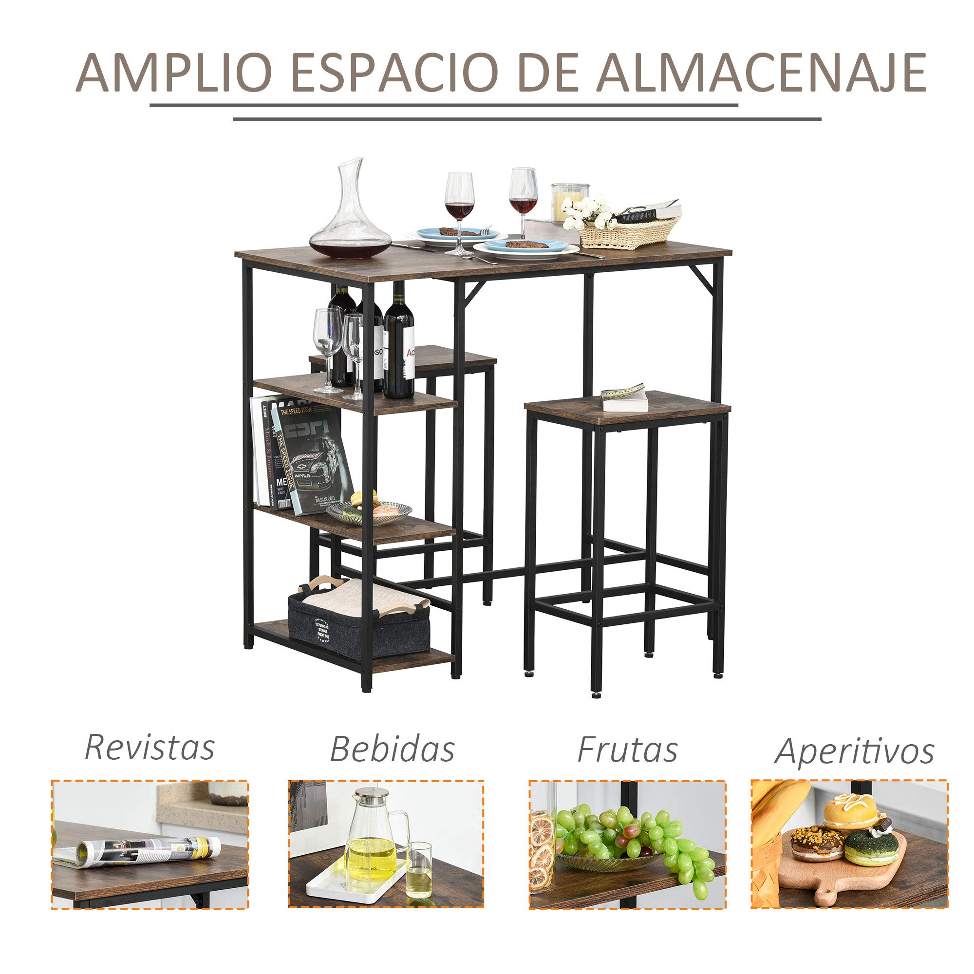 HOMCOM Set de Mesa de Bar y 2 Taburetes 109x60x100 cm Marrón Rústico | Mesa Alta, Reposapiés, Estantes de 3 Niveles, Almohadillas Ajustables, Cocina Comedor