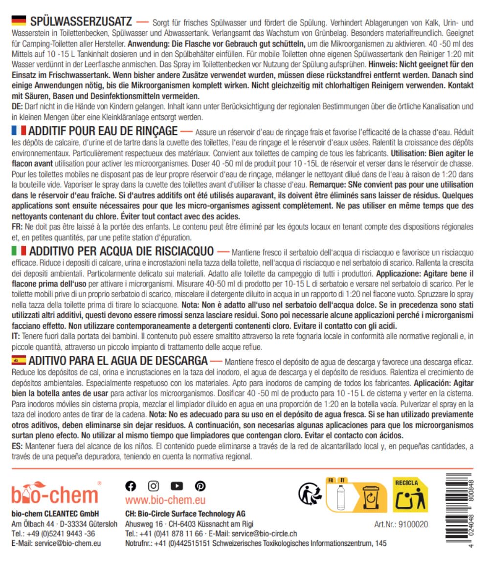bio-chem Spülwasser-Zusatz Konzentrat 5L | WC-Reiniger Rinse Flush für Campingtoilette, Chemietoilette und mobile Toilette