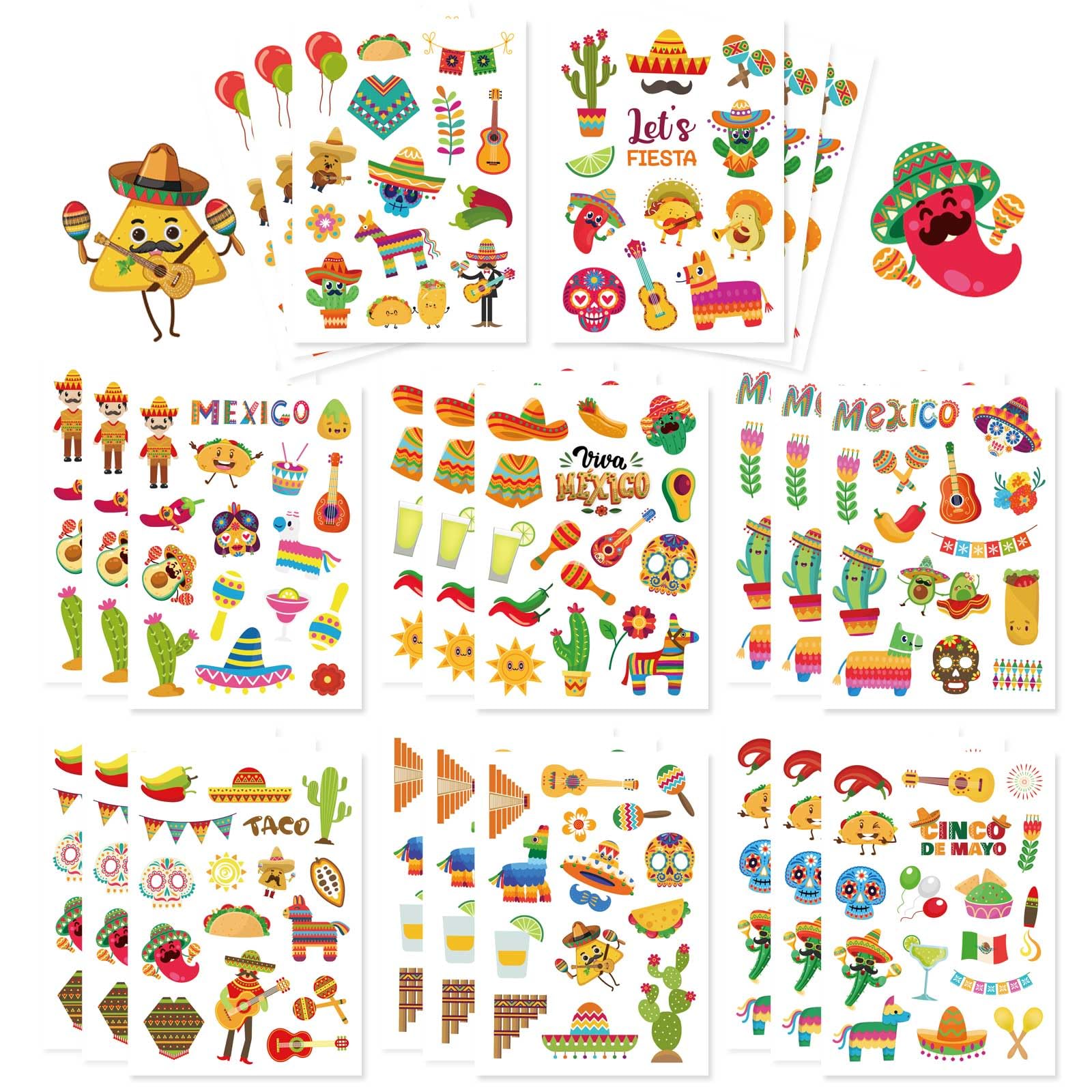357 PCS Cinco De Mayo Sticker, Mexican Fiesta Party Stickers, Avocado Mexican Carnival Tacos Cactus Guitar Stickers, Carnival Themed Party Supplies