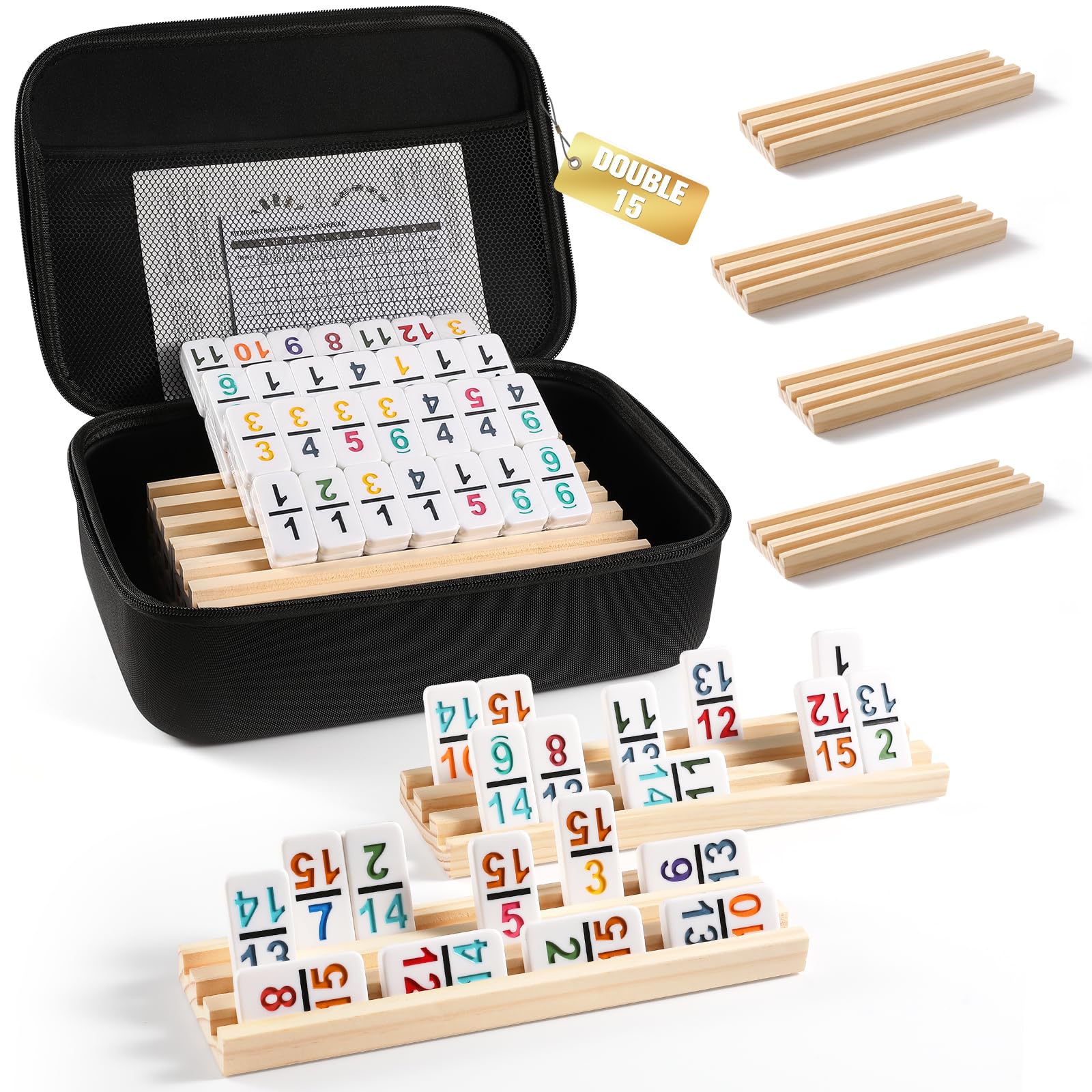 Photo 1 of Mexican Train Dominoes Set with Numbers and 8 Wooden Trays/Racks, Double 15 Dominos Travel Set with 8 Tiles Holders, 136 Tiles Double 15 Colored Dominoes Game Set with Zippered Case for Family Kids