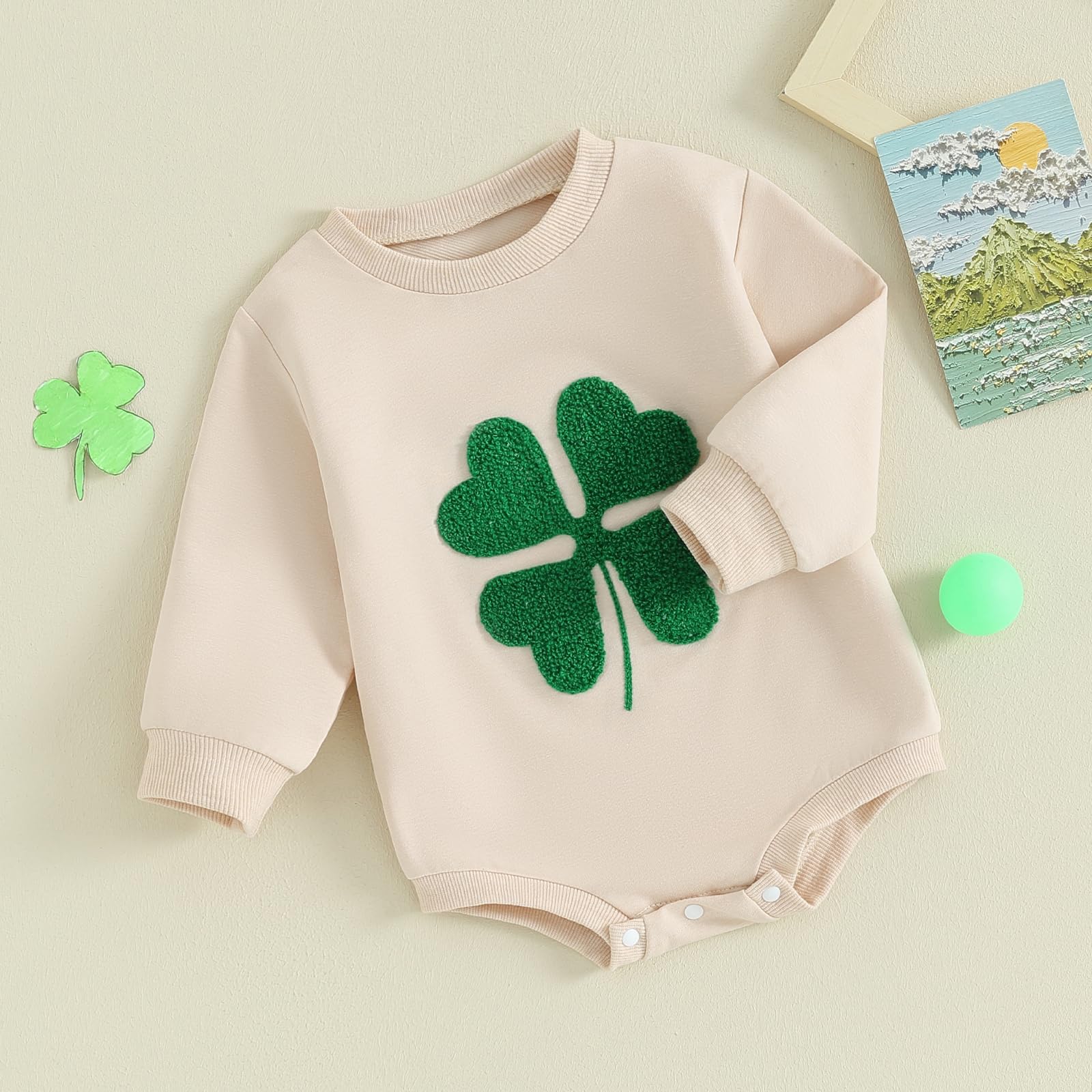 Baby Girl Boy St. Patrick's Day Clothes Little Lucky Charm Sweatshirt Bubble Romper Long Sleeve Bodysuit Shirt Top (Beige, 6-12 Months)
