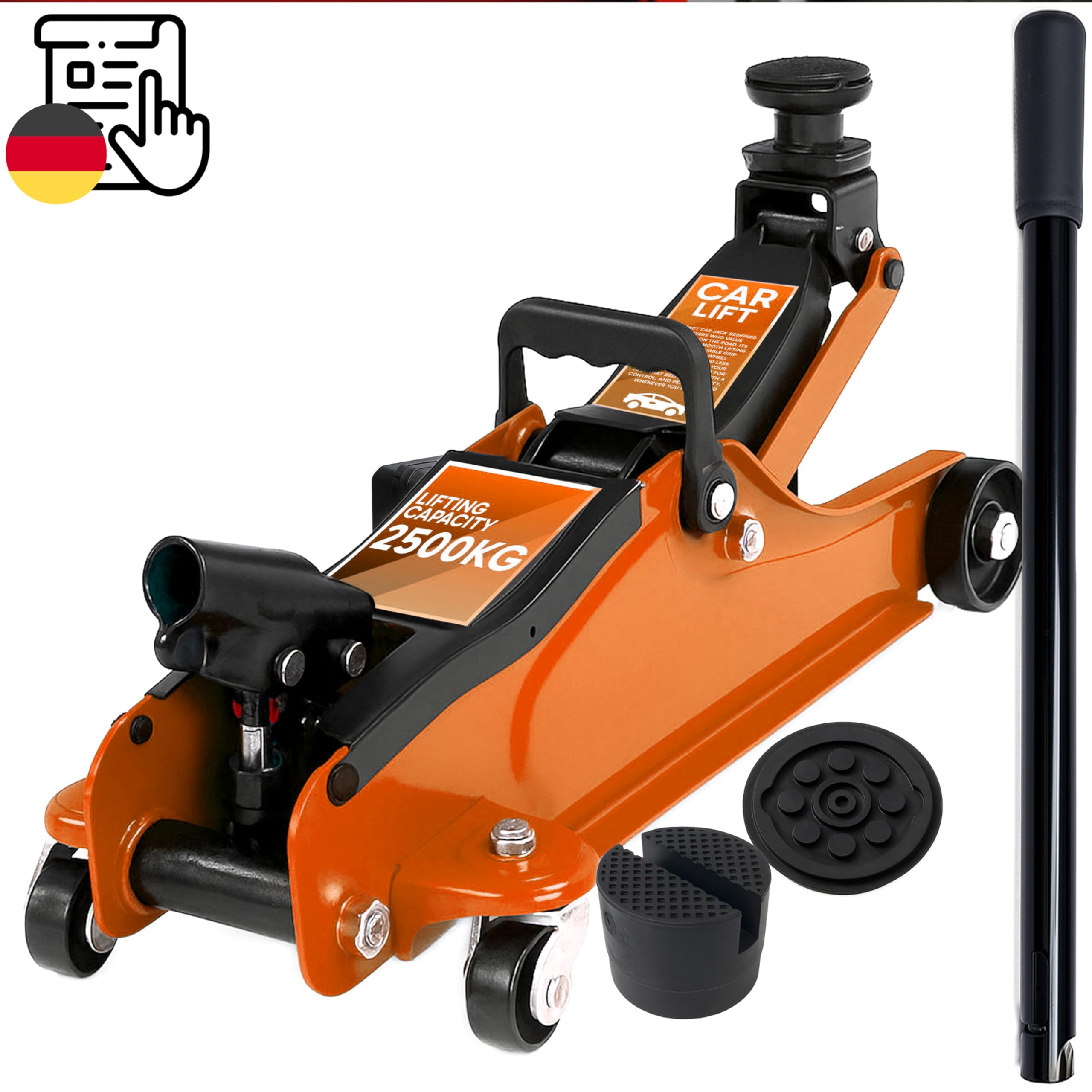 Retoo Hydrauliczny podnośnik samochodowy 2,5T – podnośnik samochodowy o wysokości podnoszenia 85 – 365 mm i drążkiem dźwigniowym 50 cm, płaski profil, idealny do samochodów osobowych, SUV-ów
