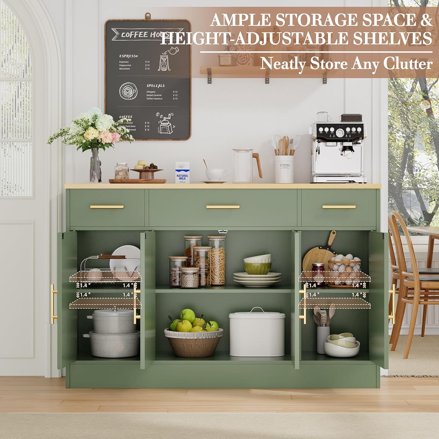 Shintenchi Buffet Cabinet with Storage,53.4" Large Kitchen Storage Cabinet with 3 Drawers and 4 Doors,Wood Farmhouse Buffet Sideboard with Adjustable Shelf for Kitchen Living Room, Green