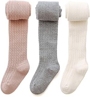 Epeius Toddler Girl Tights Thick Cable Knit Leggings Warm Cotton Pantyhose Baby Stockings,White Pink Grey,2-4 Years